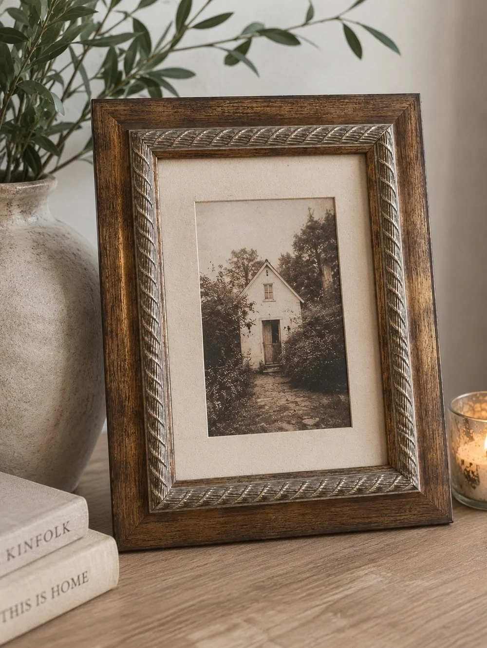 5x7 Rustic Wood Picture Frame with Embossed Silver-Tone Metal Inner Border